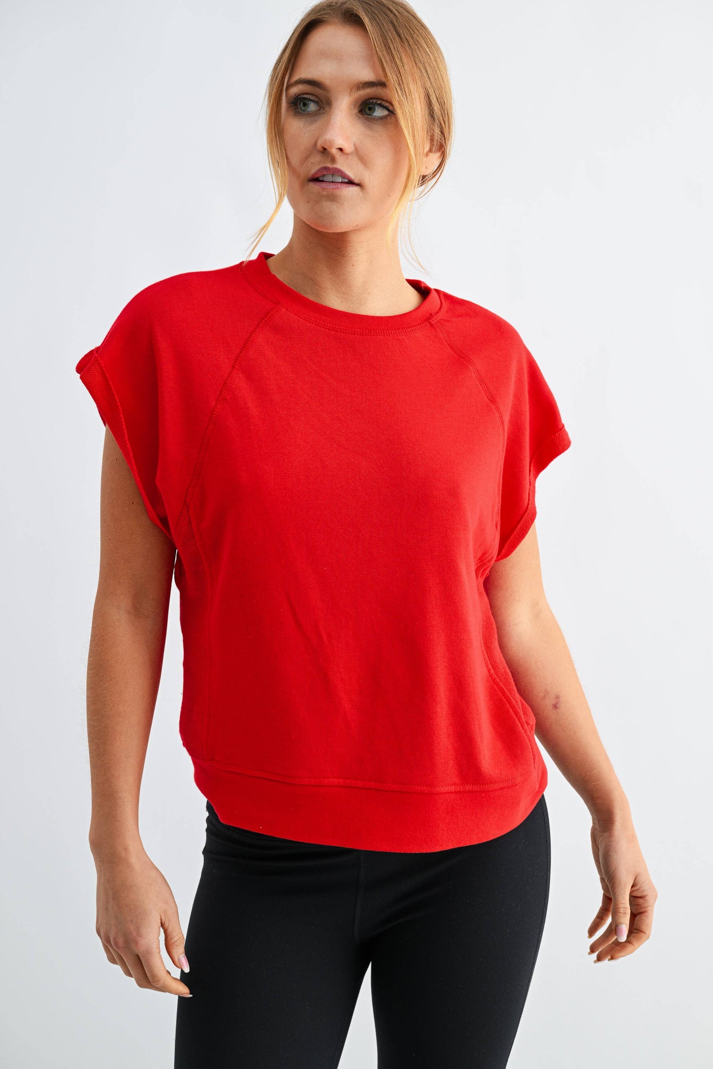 Offset French Terry Cap Sleeve Top: SILKEN TAUPE / S:M:L (2:2:2)