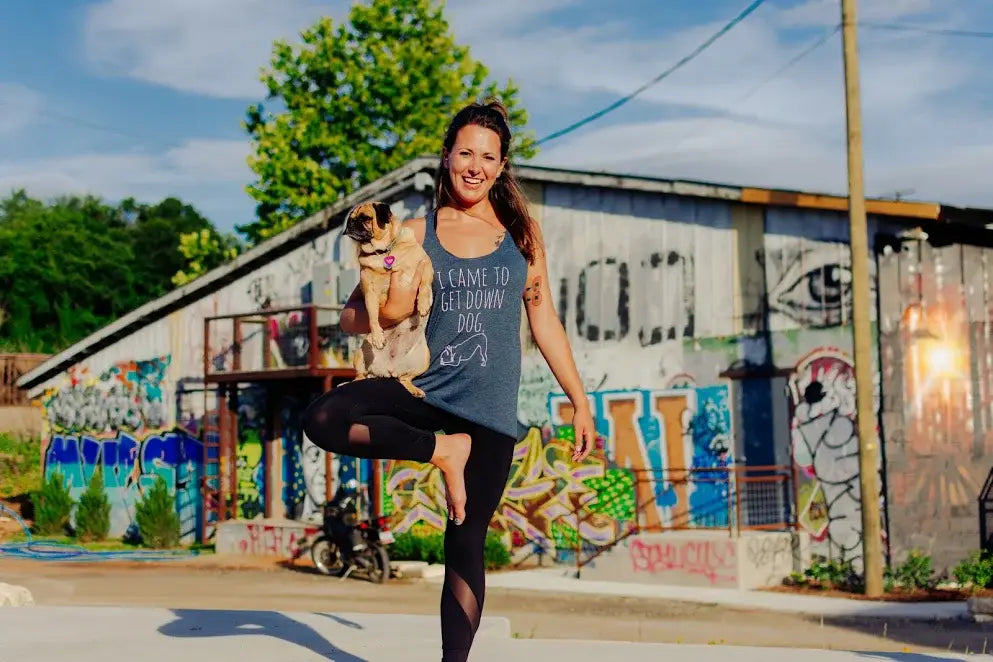 I Came To Get Down Dog - Women's Tank Top - Yoga, Frenchie: Indigo (White Ink) / Medium