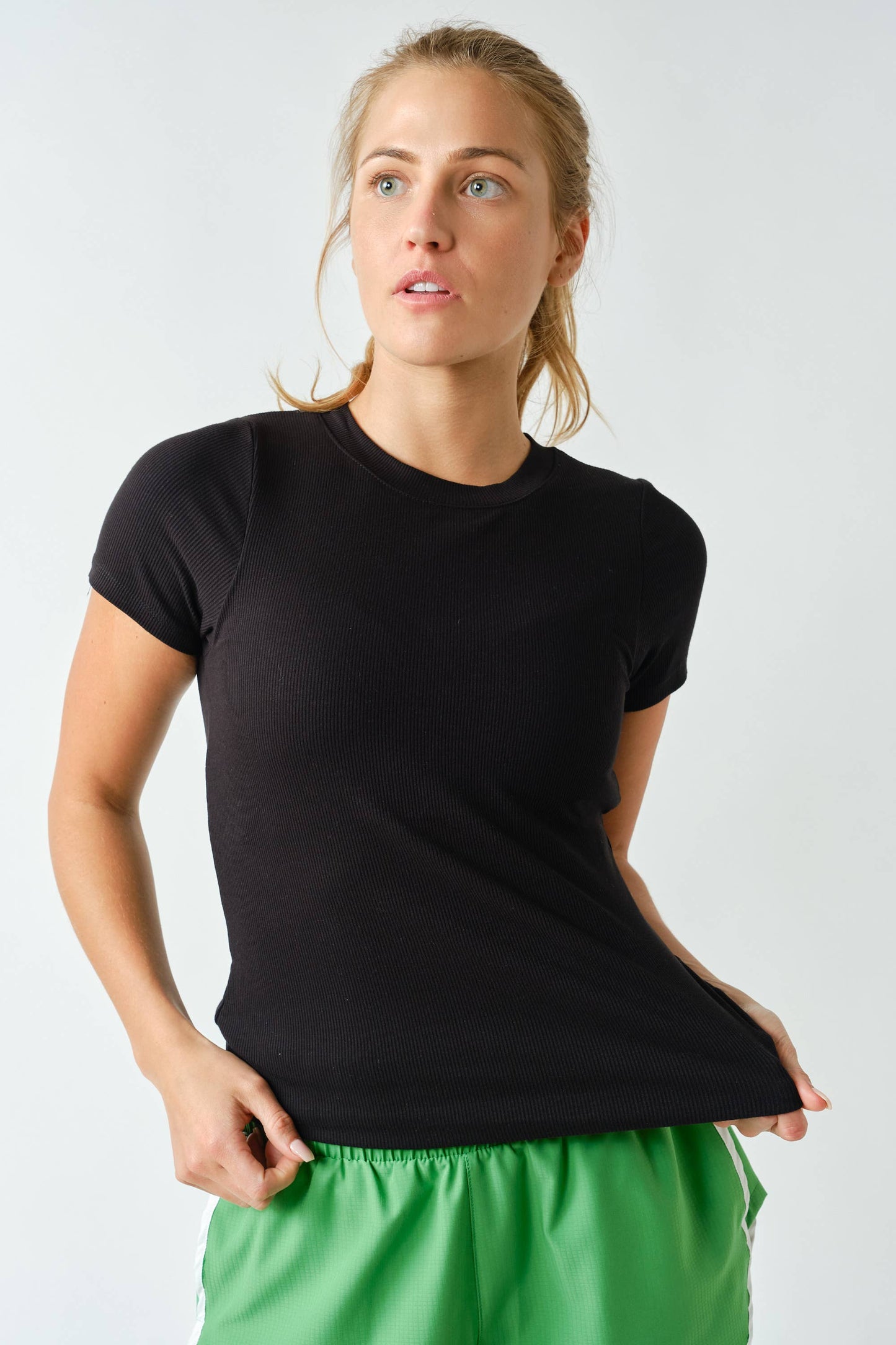 CoreClassic Micro-Ribbed Built-In Bra Short Sleeve Top: SILKY PINE / S:M:L (2:2:2)