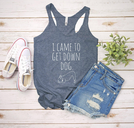 I Came To Get Down Dog - Women's Tank Top - Yoga, Frenchie: Indigo (White Ink) / Medium