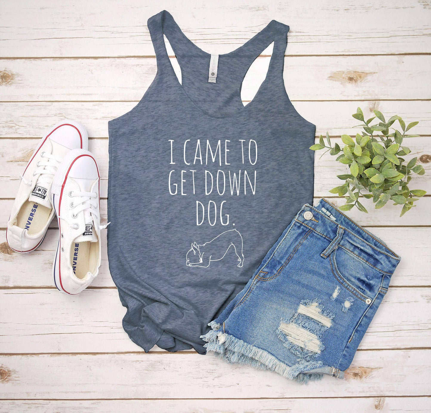 I Came To Get Down Dog - Women's Tank Top - Yoga, Frenchie: Indigo (White Ink) / Large