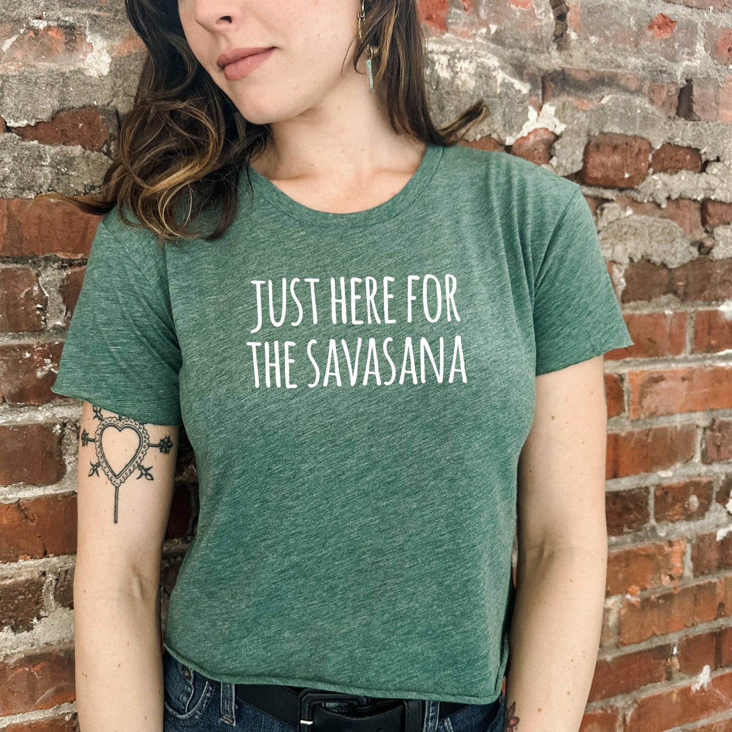 Here for the Savasana - Women's Crop Tee - Yoga, Yogi: Pine (White Ink) / Large