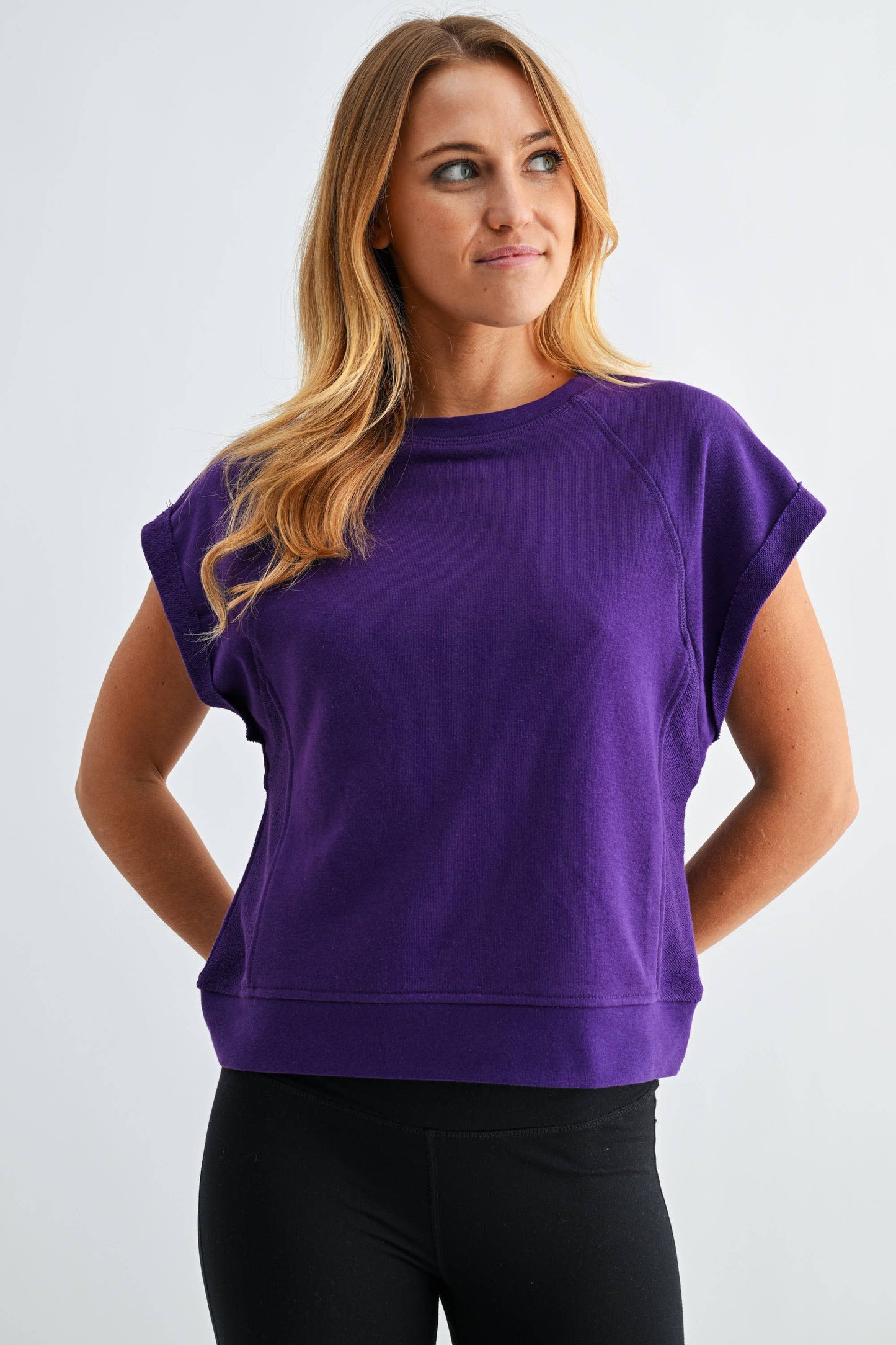 Offset French Terry Cap Sleeve Top: SILKEN TAUPE / S:M:L (2:2:2)