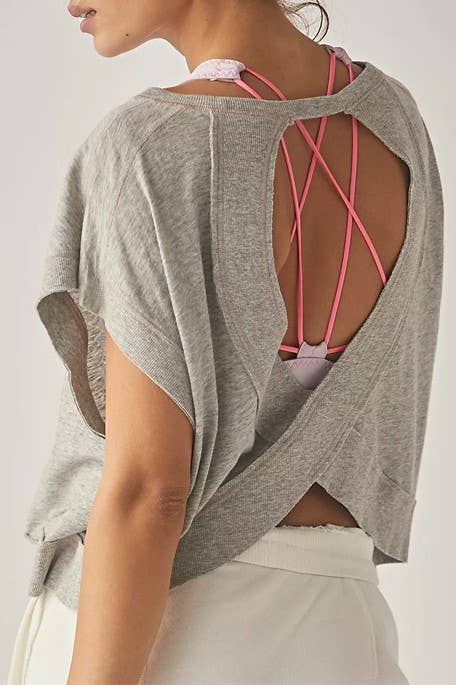 Slouchy wrapped cutout back short sleeve workout tee top: Pink / L