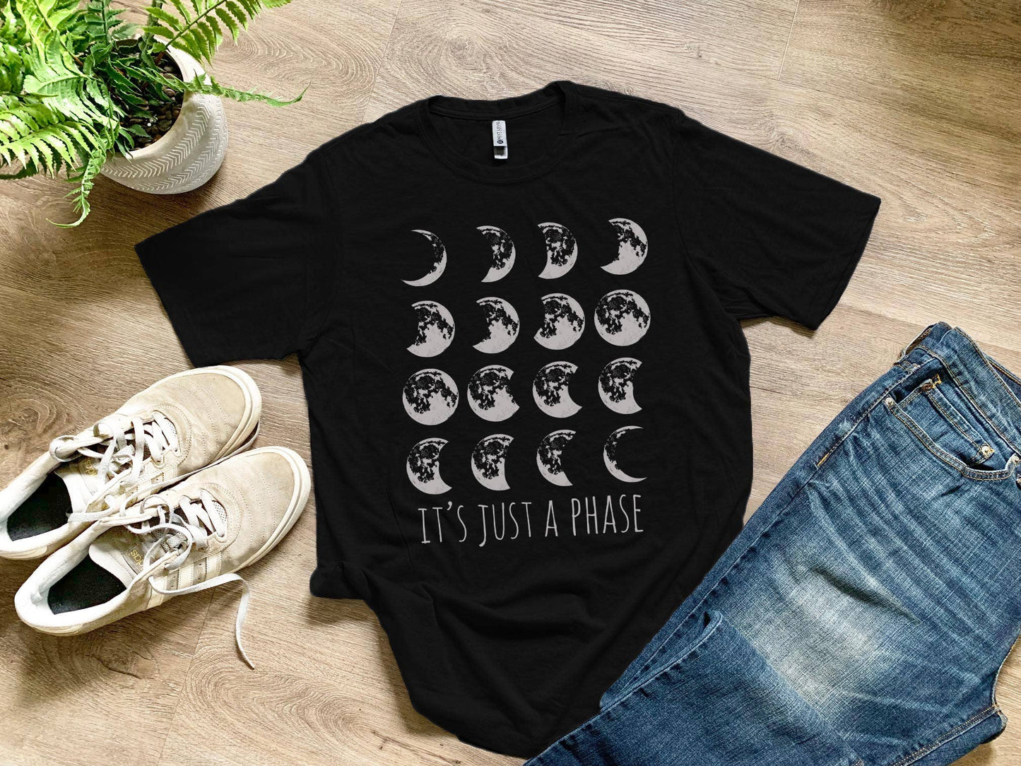 It's Just a Phase - Men's Tee - Moon Phases, Boho, Zodiac: Black (Silver Ink) / Medium