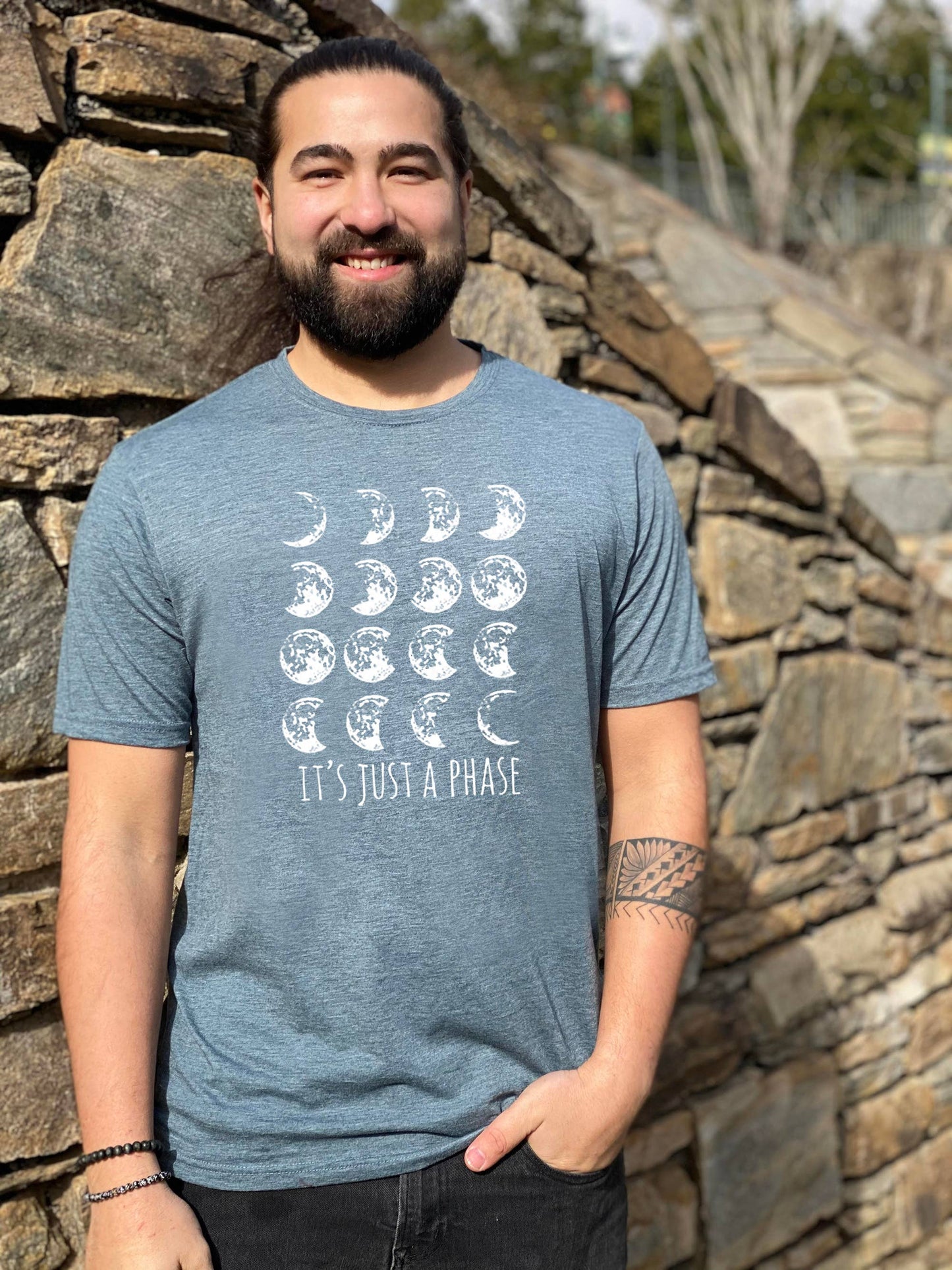 It's Just a Phase - Men's Tee - Moon Phases, Boho, Zodiac: Black (Silver Ink) / Medium