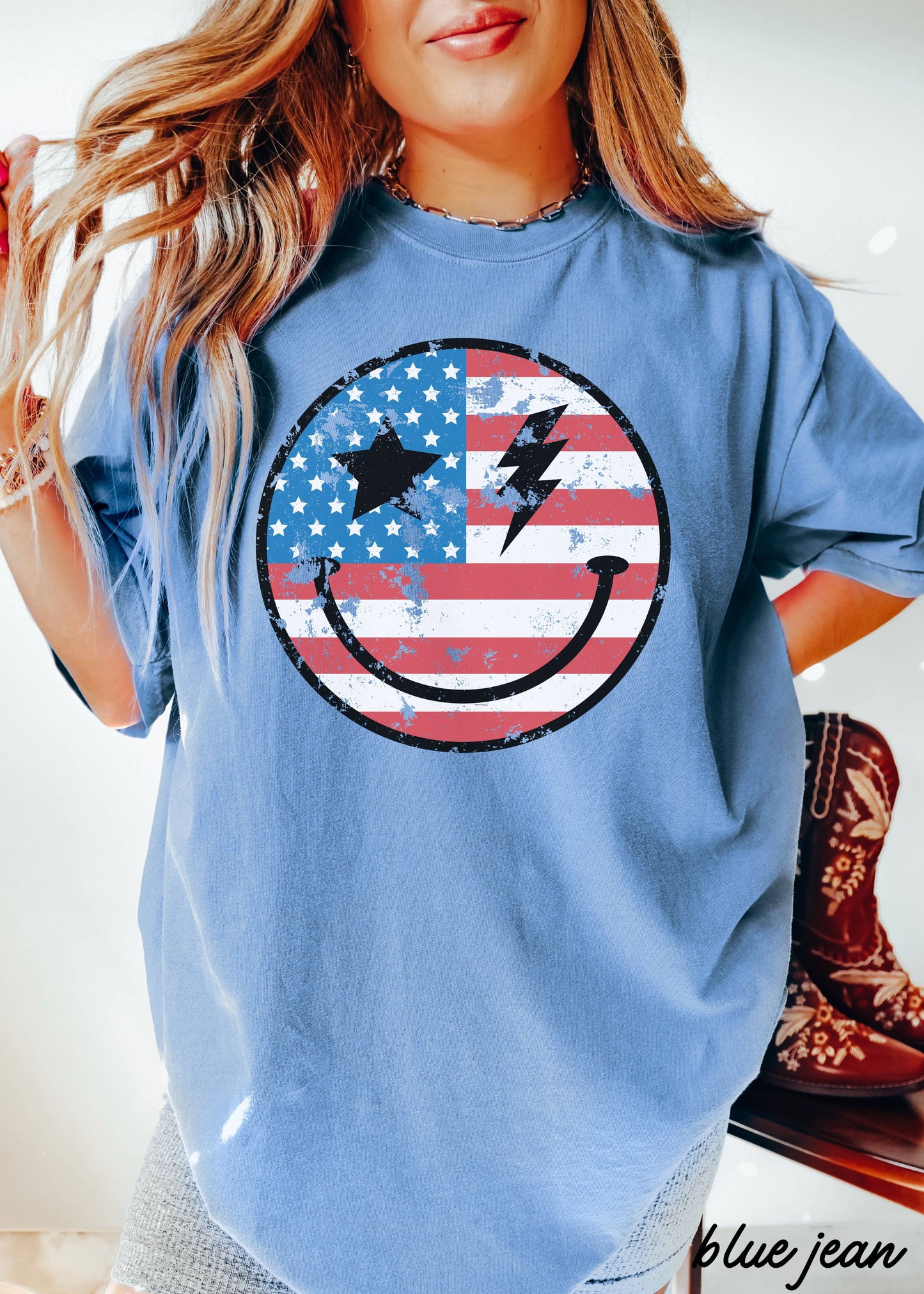Happy USA Tee *10 Colors (S-3X): Chambray / Large