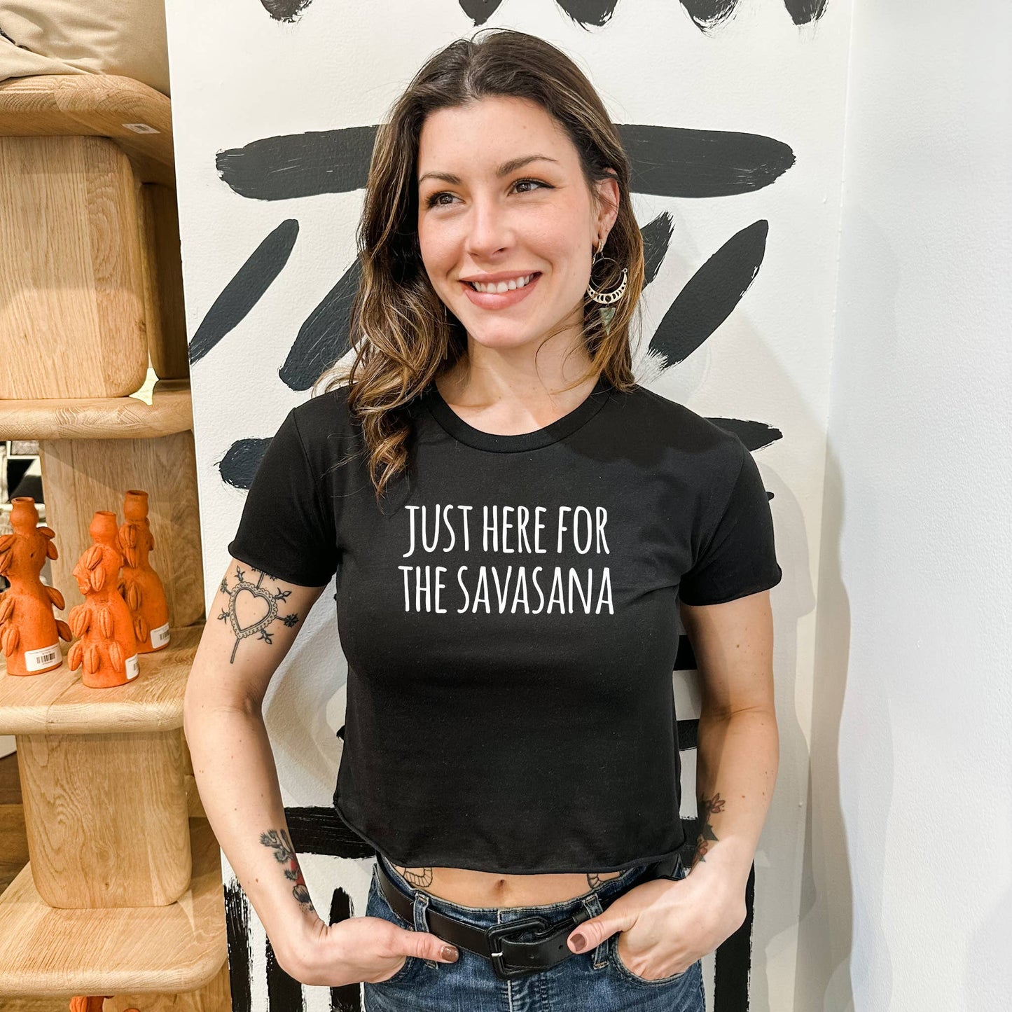 Here for the Savasana - Women's Crop Tee - Yoga, Yogi: Pine (White Ink) / Medium