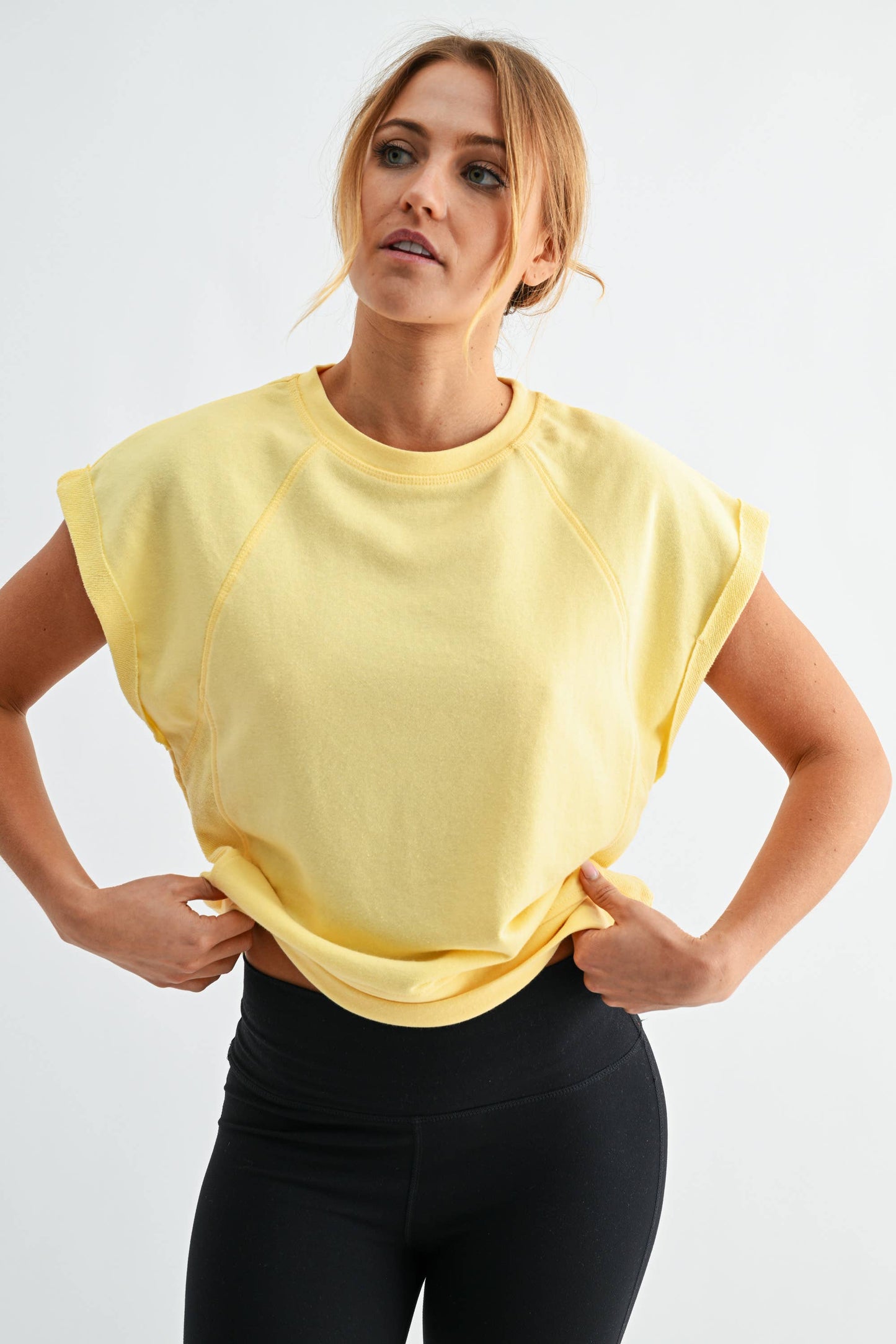 Offset French Terry Cap Sleeve Top: SILKEN TAUPE / S:M:L (2:2:2)