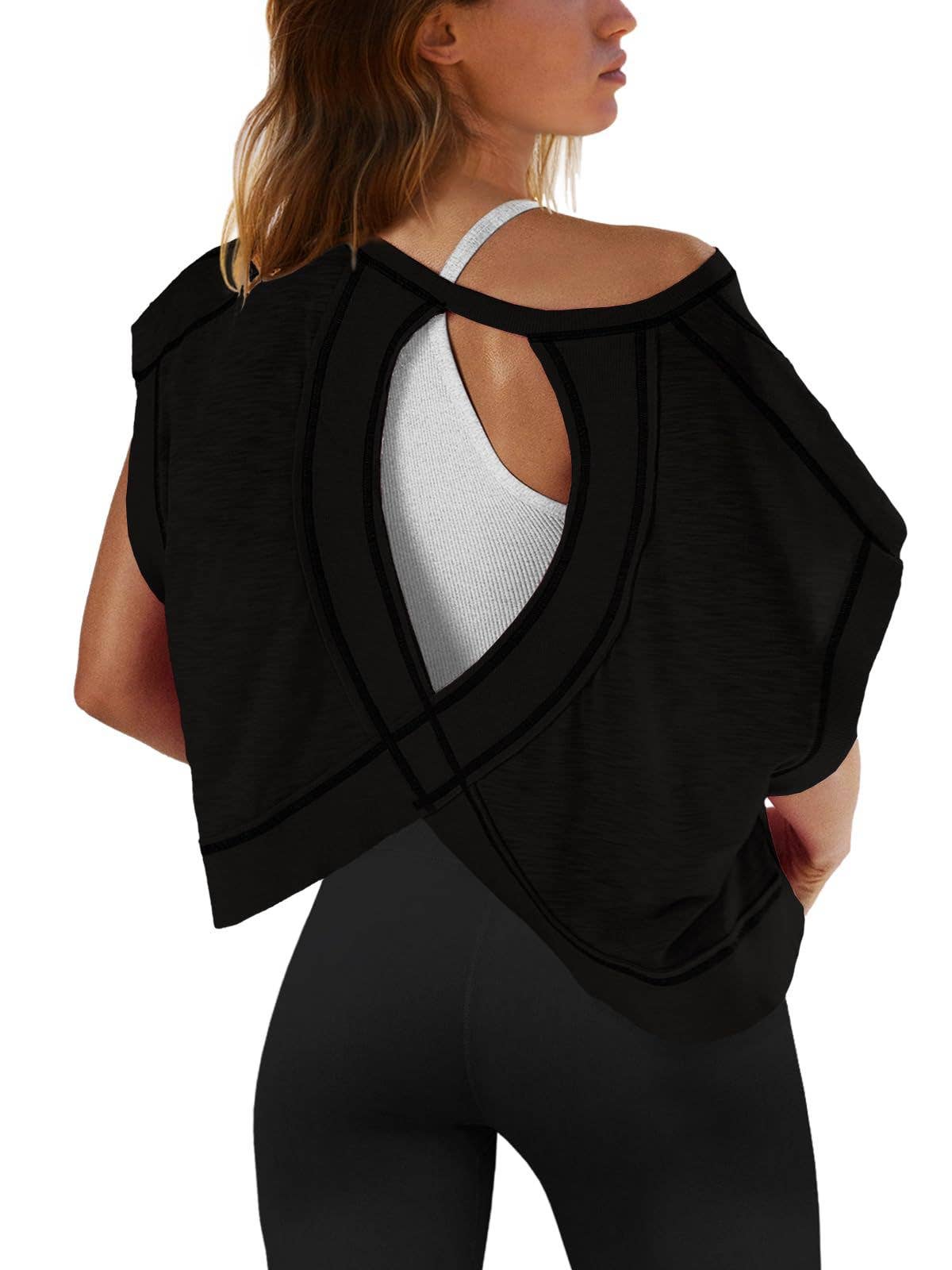 Slouchy wrapped cutout back short sleeve workout tee top: Pink / L