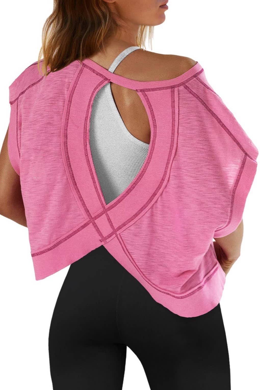 Slouchy wrapped cutout back short sleeve workout tee top: Pink / L