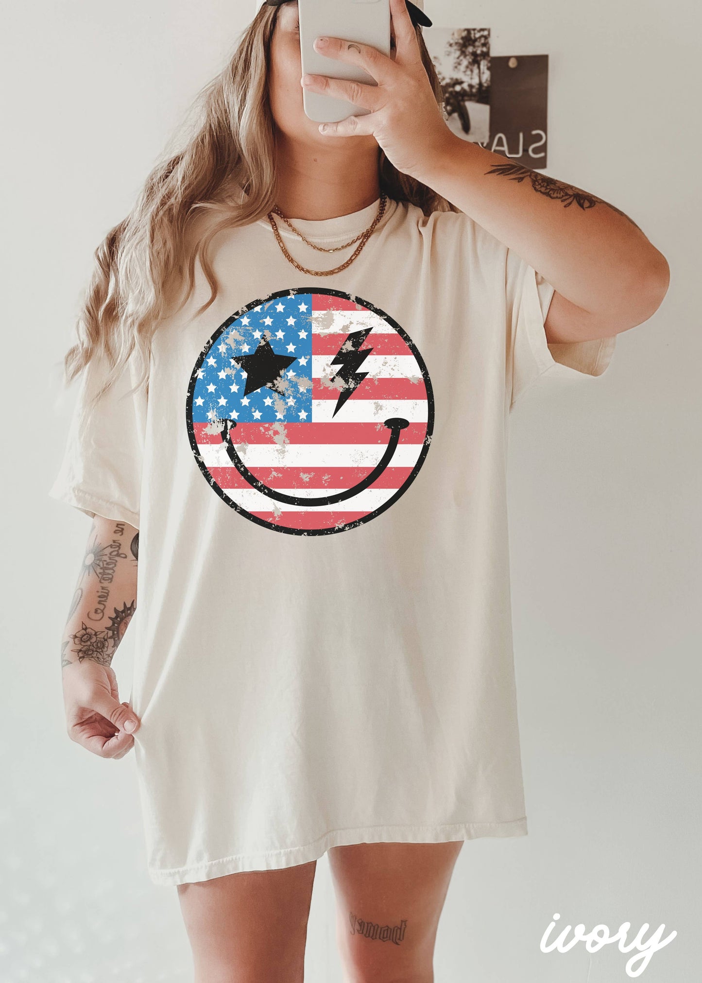Happy USA Tee *10 Colors (S-3X): Chambray / Medium