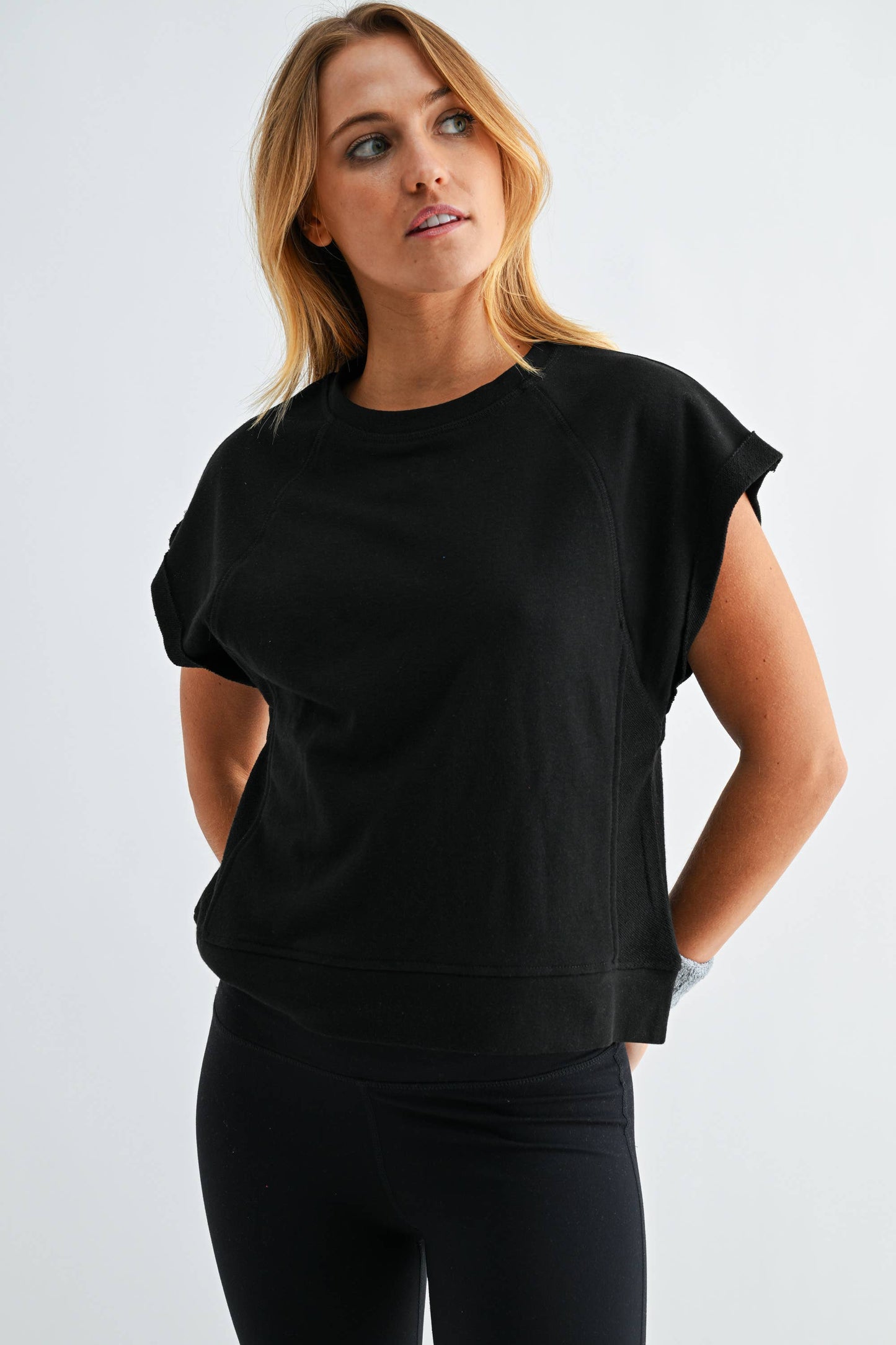 Offset French Terry Cap Sleeve Top: SILKEN TAUPE / S:M:L (2:2:2)