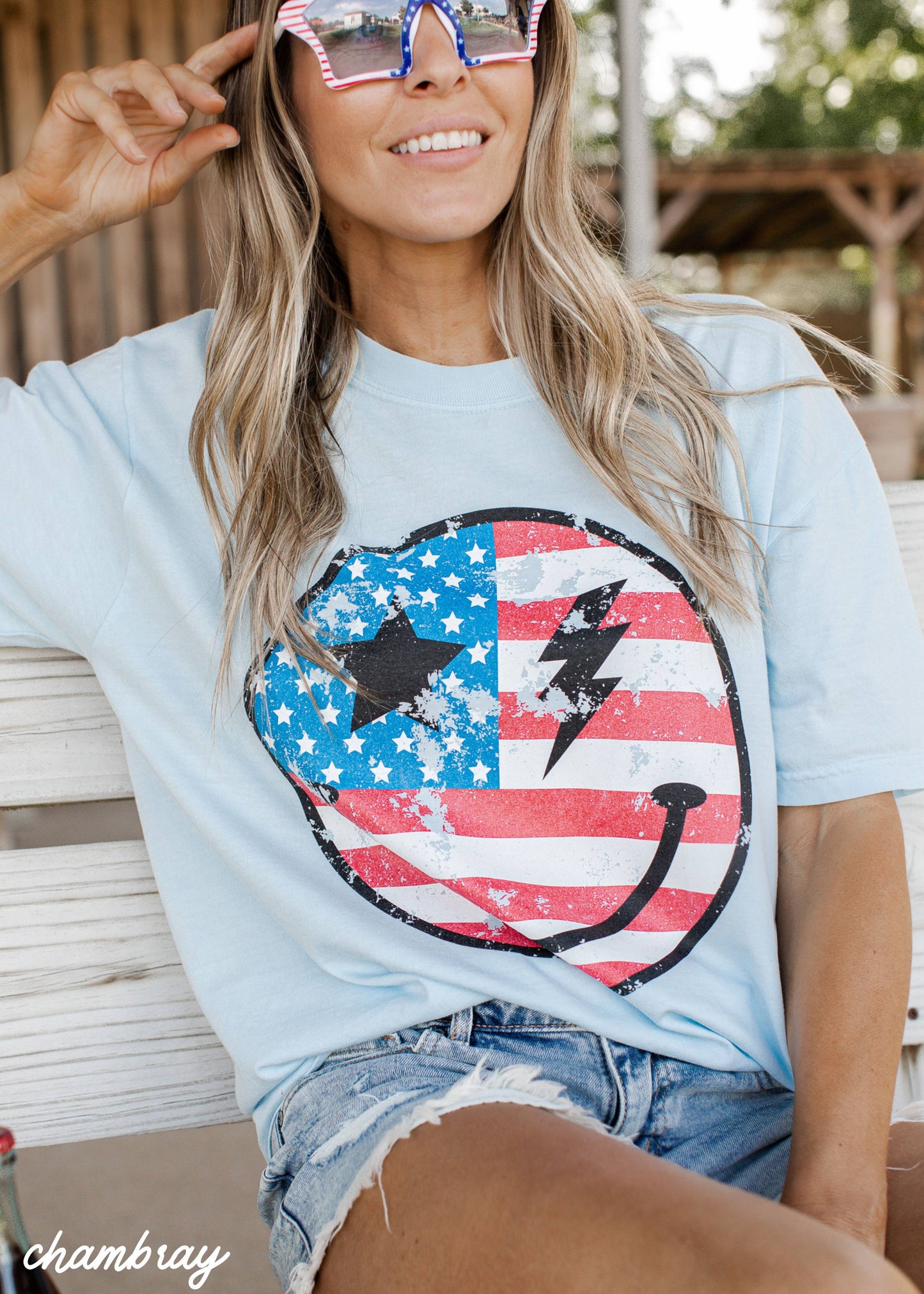 Happy USA Tee *10 Colors (S-3X): Chambray / Large