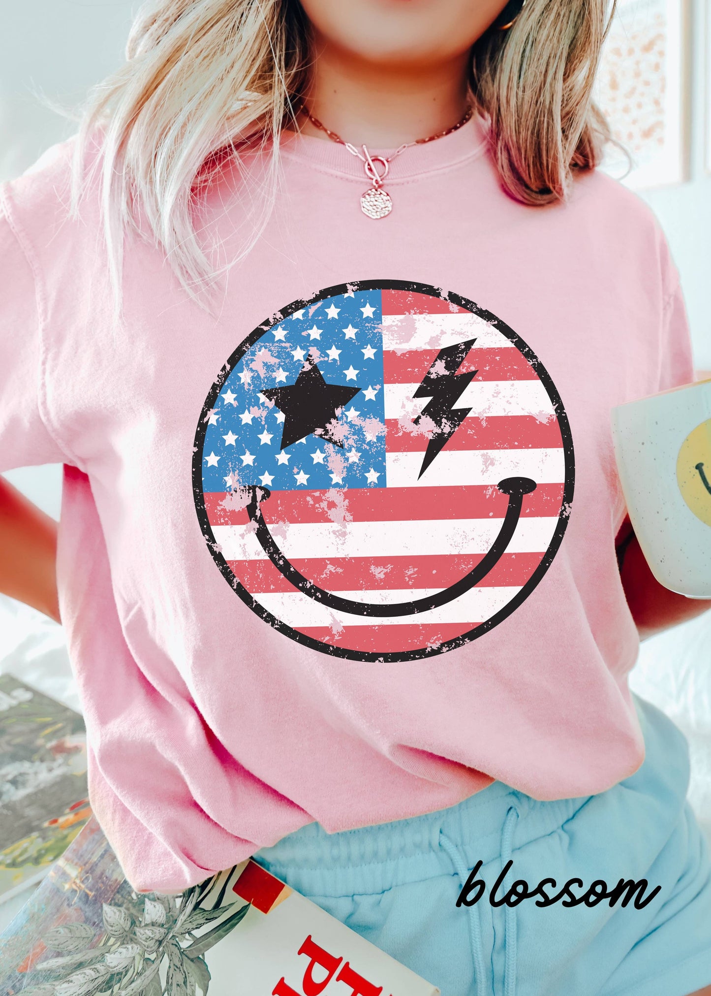 Happy USA Tee *10 Colors (S-3X): Chambray / Medium